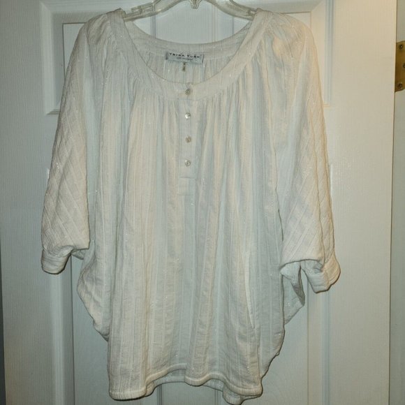 Trina Turk Tops - Trina Turk White Metallic Stripe Peasant Cotton Top Dolman Sleeve Pockets Size P